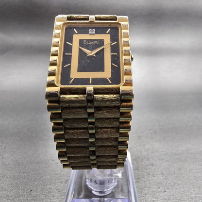 Bulova Watch Men 25mm Black Dial Gold Tone Diamond Rectangle 92M51 New Battery5