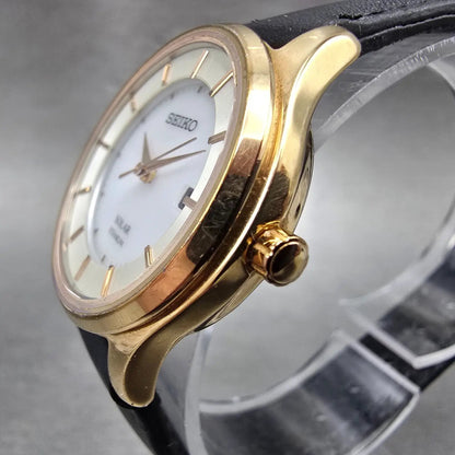 Seiko Solar Watch Women 29mm White Dial Rose Gold Tone Titanium Date Round Runs2