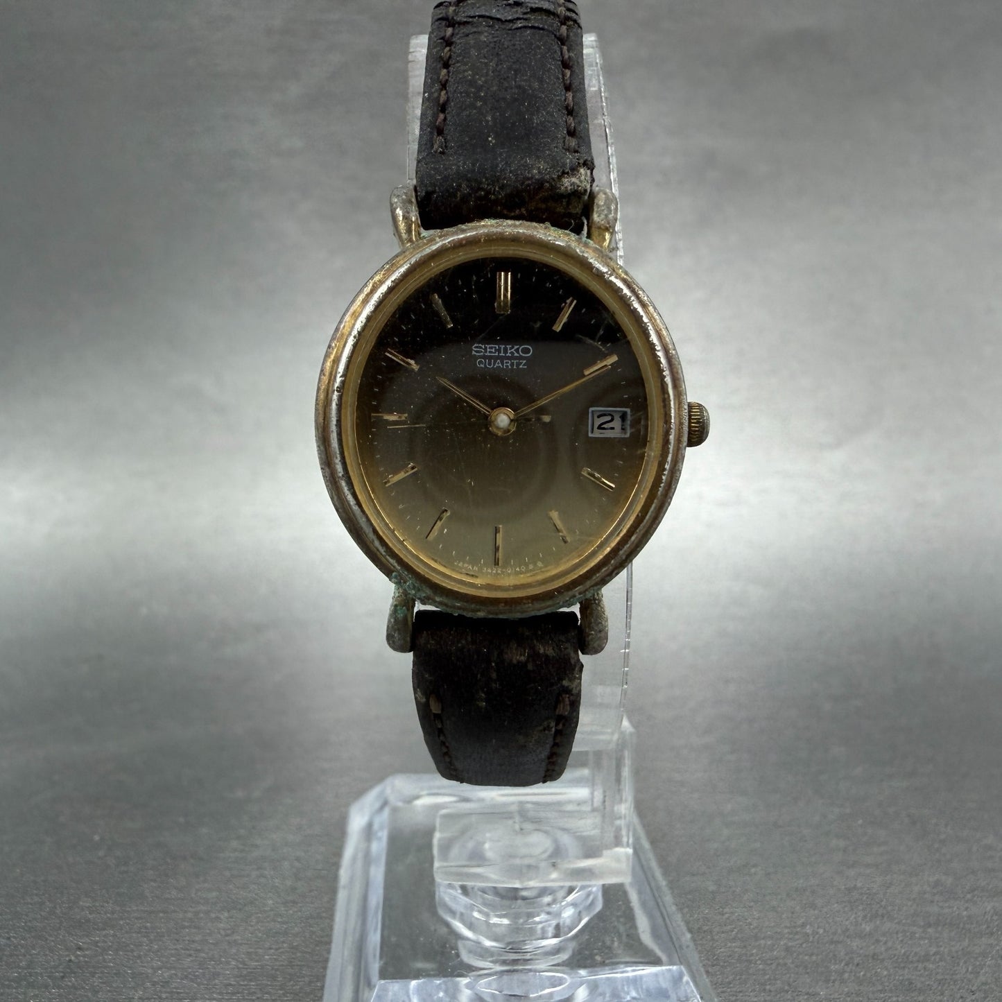 Seiko Watch Women 24mm Brown Dial Gold Tone Date Oval 3422-5040 New Battery5