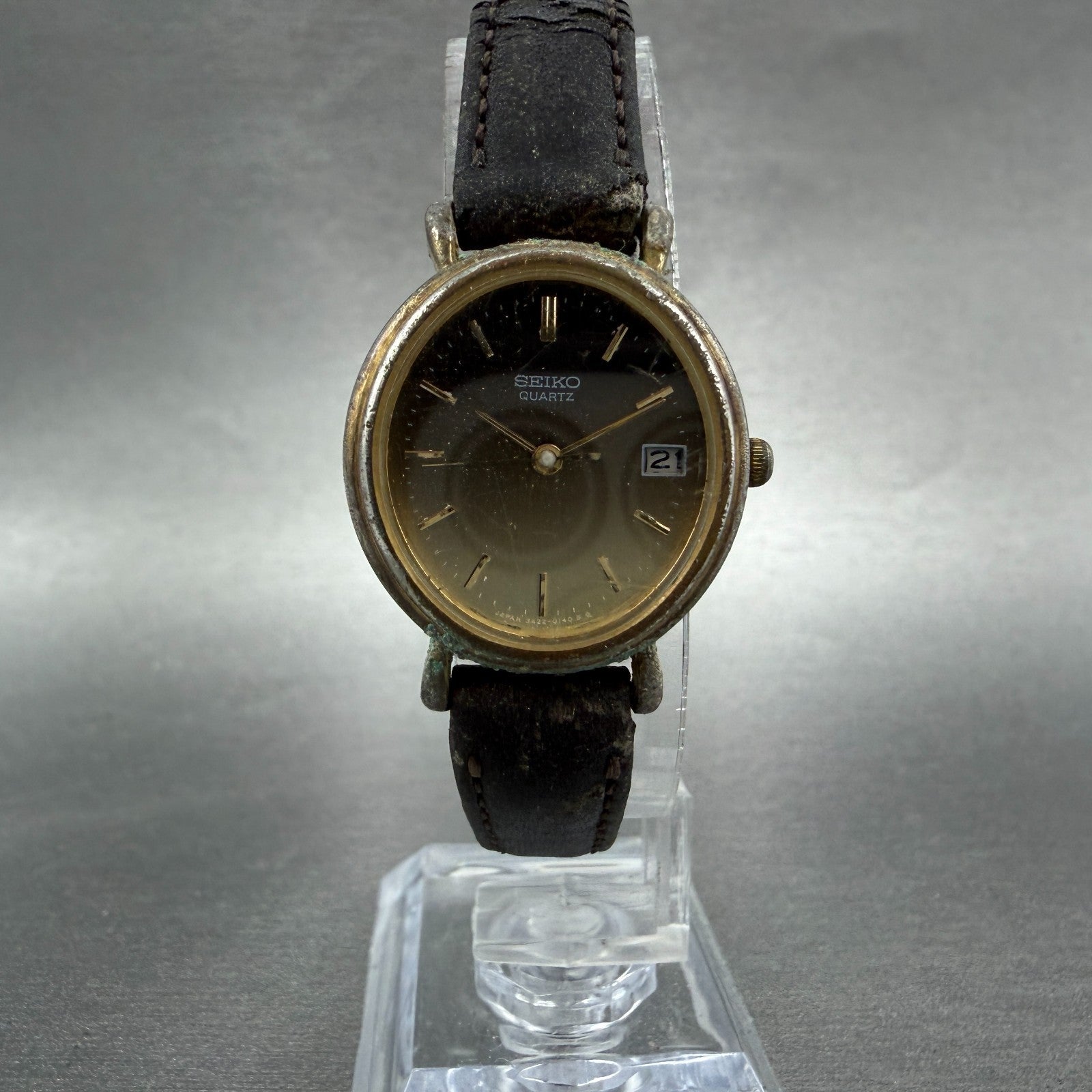Seiko Watch Women 24mm Brown Dial Gold Tone Date Oval 3422-5040 New Battery5