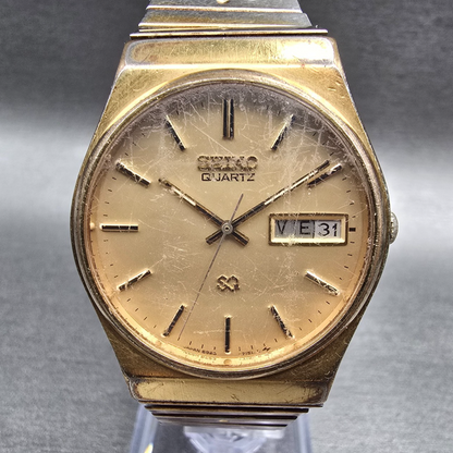 Seiko SQ Watch Men 33mm Gold Dial Gold Daydate Round 6923-7099 New Battery VTG0