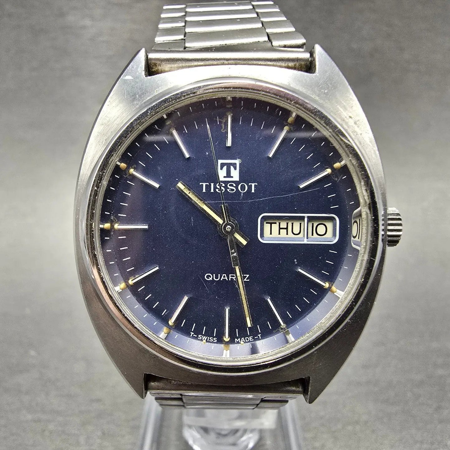Tissot Watch Men 34mm Blue Dial Silver Tone Daydate Round Vintage Quartz PARTS0