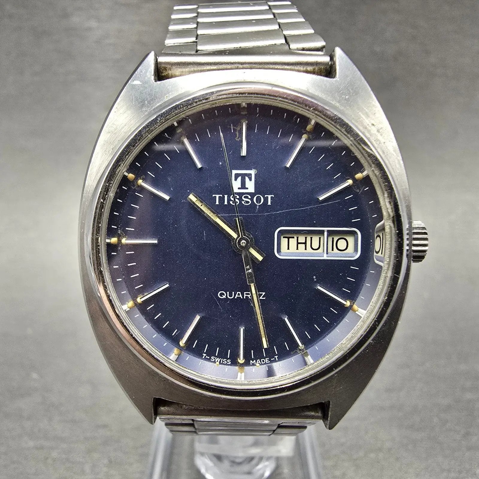 Tissot Watch Men 34mm Blue Dial Silver Tone Daydate Round Vintage Quartz PARTS0