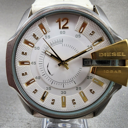 Diesel Master Cheif Watch Men 45mm White Dial Steel Date Round DZ1476 New Batt1