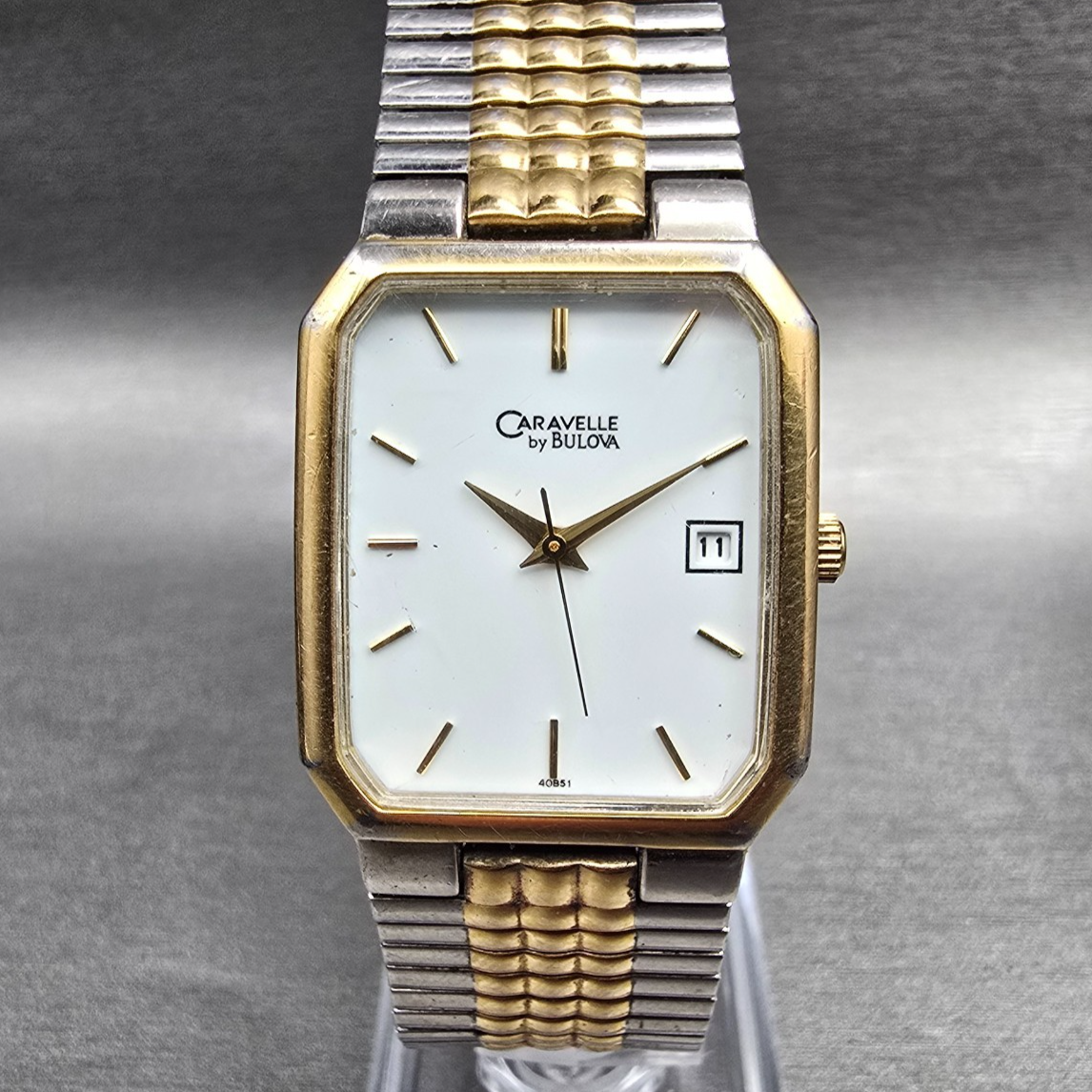 Bulova Caravelle Tank Watch Men 26mm White Dial Two Tone Date 40B51 New Battery20