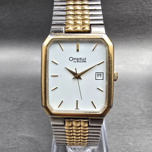 Bulova Caravelle Tank Watch Men 26mm White Dial Two Tone Date 40B51 New Battery20