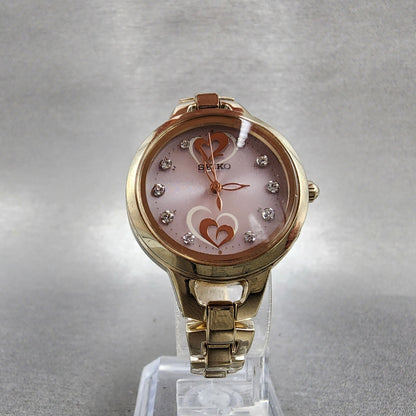 Seiko Solar Atomic Watch Women 27mm Pink Heart Dial Gold Tone 3b510ar0 Runs7