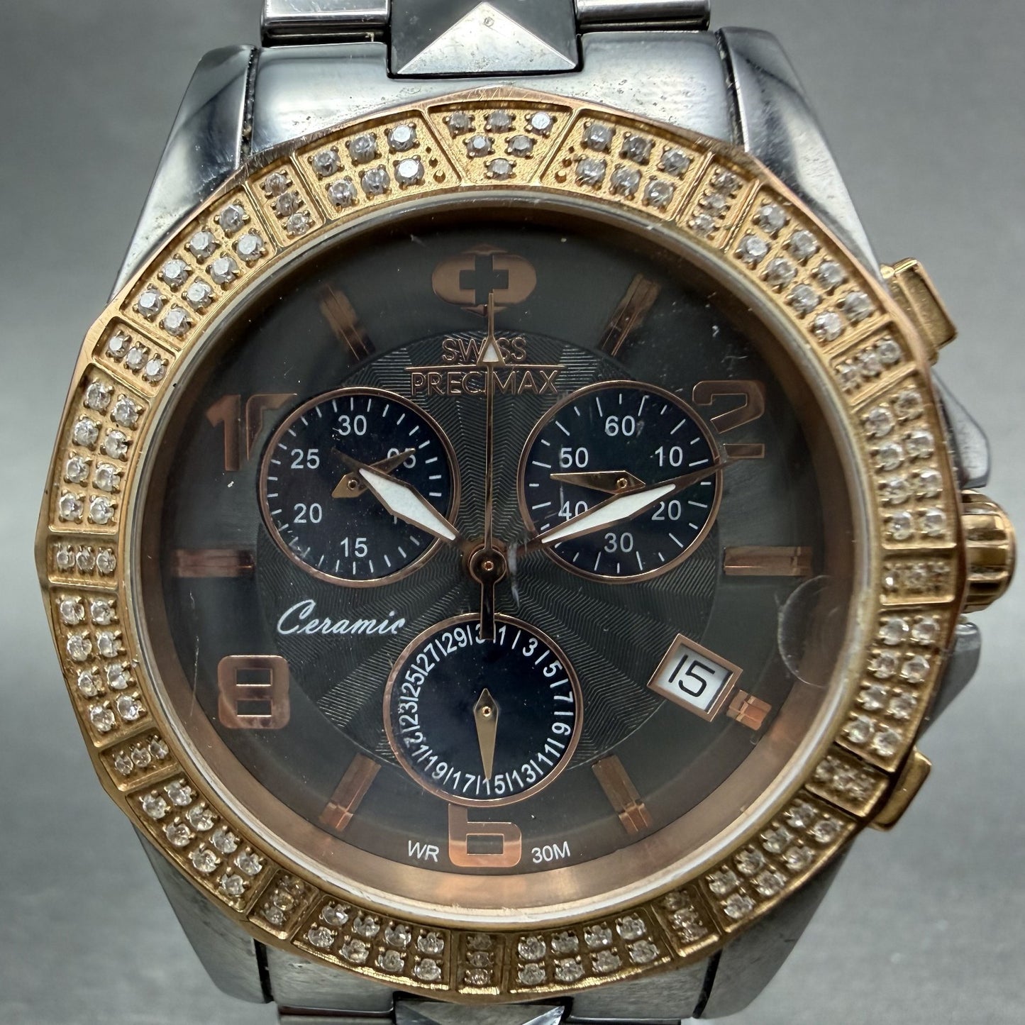 Swiss Precimax Chronograph Watch Women 38mm Black Dial Ceramic Date New Batt1