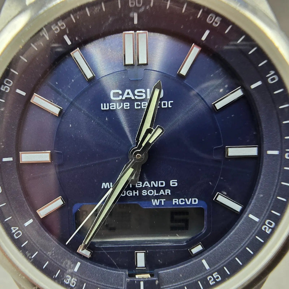 Casio Wave Ceptor Watch Men 42mm Blue Dial Steel Solar Alarm Daydate WVA-M630 J11