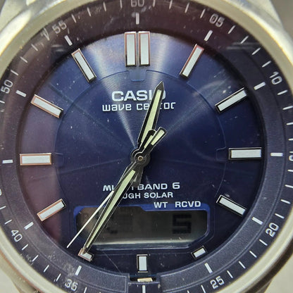Casio Wave Ceptor Watch Men 42mm Blue Dial Steel Solar Alarm Daydate WVA-M630 J11