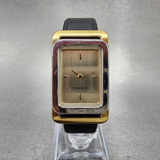 Nina Ricci Tank Watch Women 21mm Champagne Dial Two Tone Rectangle New Battery0