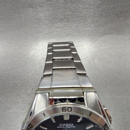Casio Wave Ceptor Watch Men 42mm Blue Dial Steel Solar Analog Digital Works B124