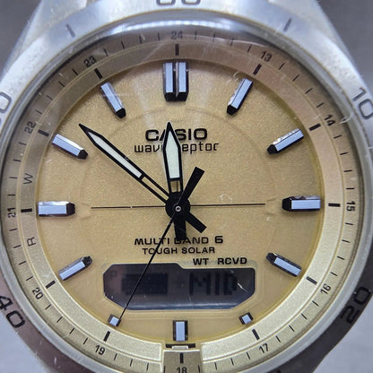 Casio Wave Ceptor Watch Men 43mm Champange Dial Silver Solar Alarm Daydate Runs1