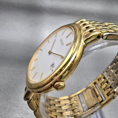 Seiko Watch Men 33mm White Dial Gold Tone Date Round V739-0A59 New Battery VTG2