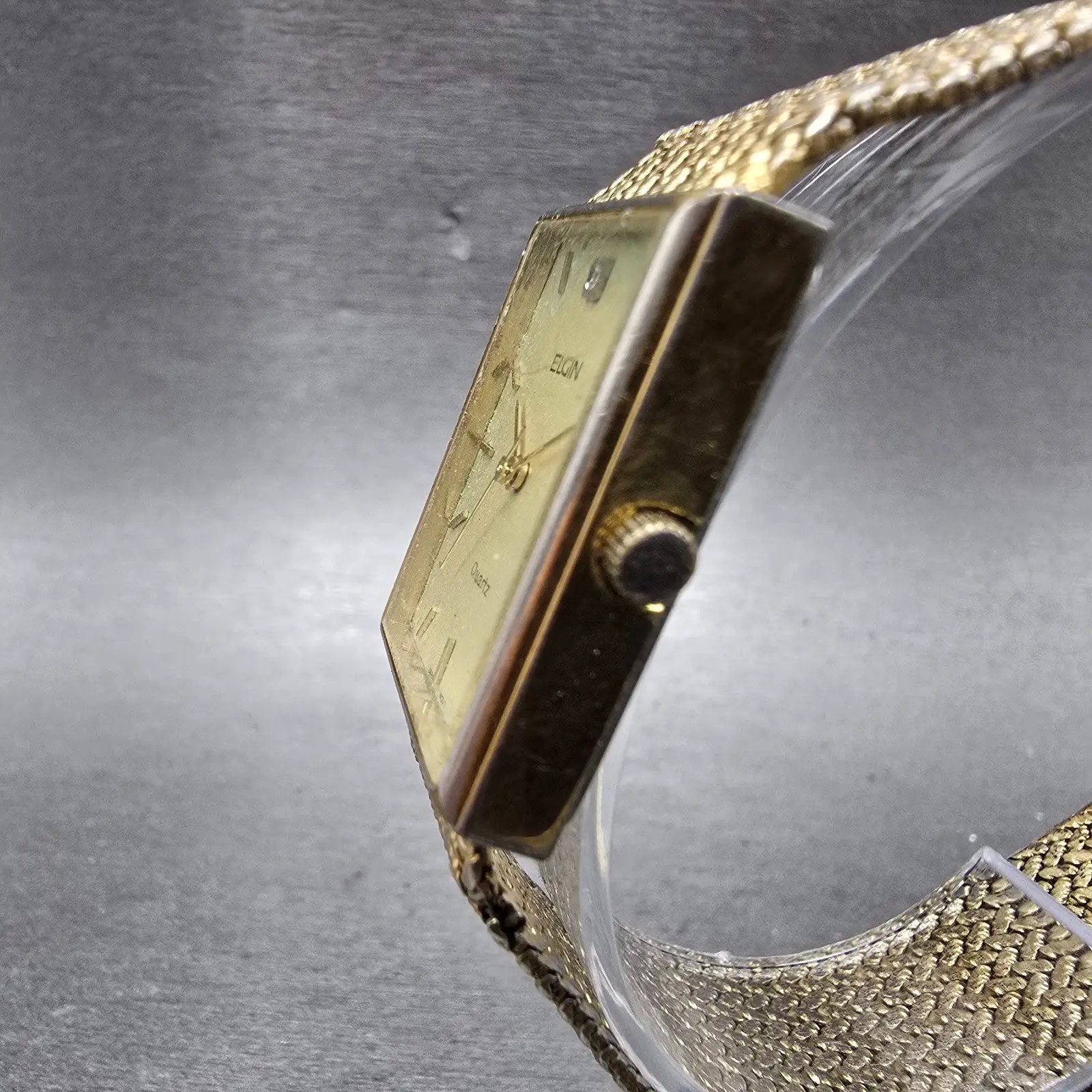 Elgin Tank Watch Men 23mm Champagne Dial Gold Rectangle Mesh Band New battery2