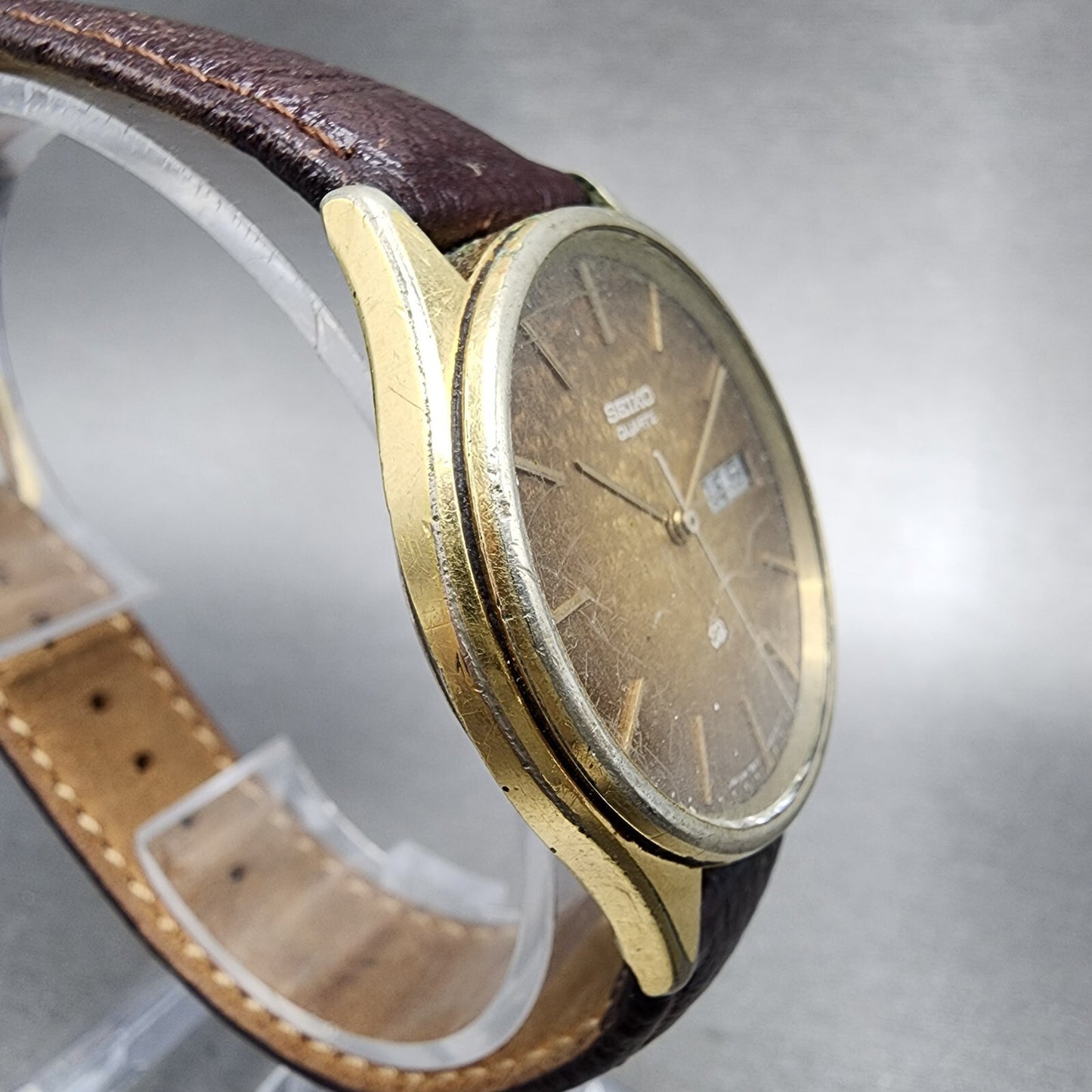 Seiko SQ Watch Men 34mm Brown Dial Gold Tone Daydate Round READ!!!!! New Battery3