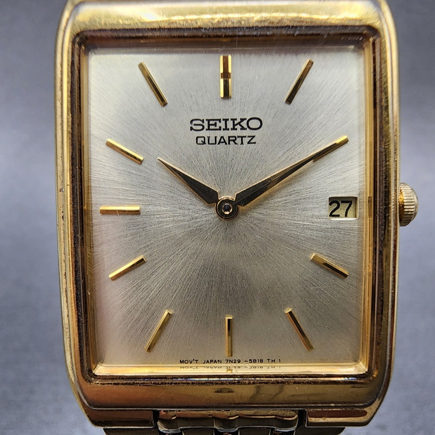 Seiko Tank Watch Men 27mm Champagne Dial Gold Tone Date 7n295b29 New Battery1
