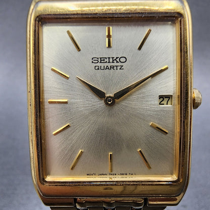 Seiko Tank Watch Men 27mm Champagne Dial Gold Tone Date 7n295b29 New Battery1
