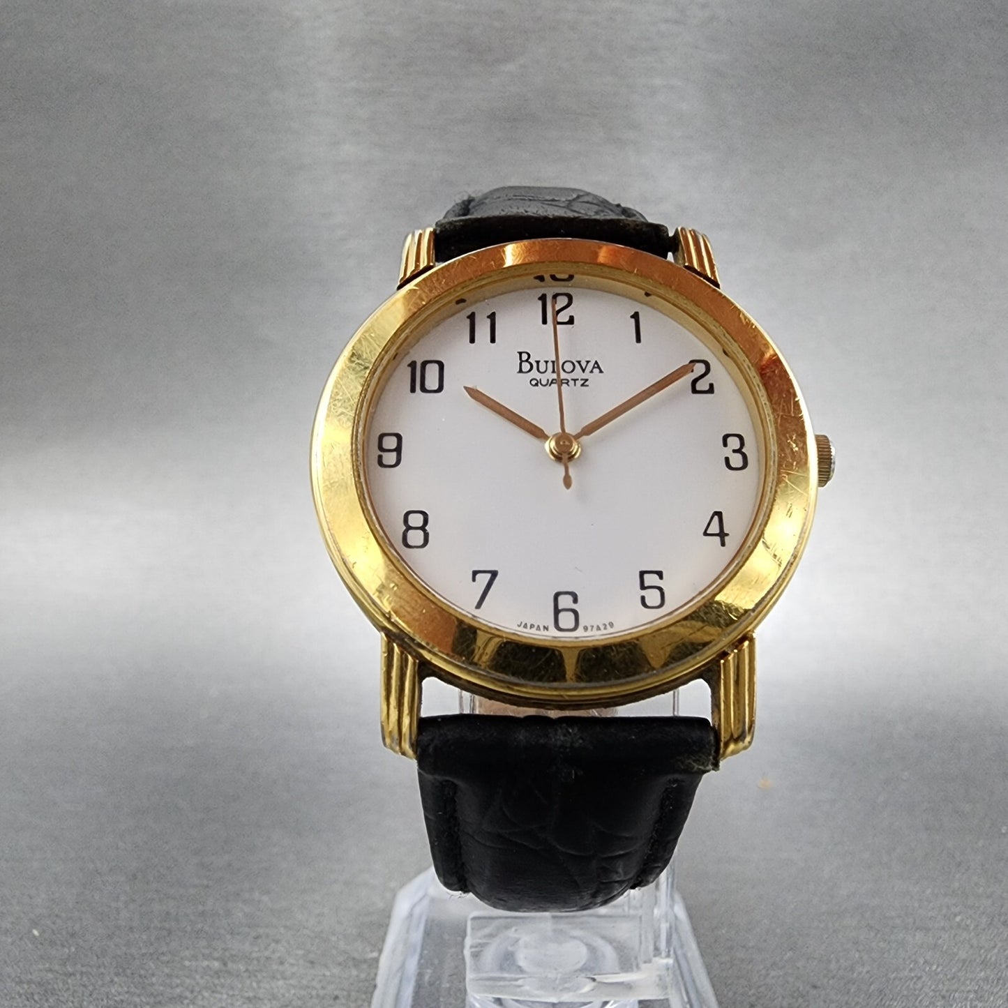 Bulova Watch Men 33mm White Dial Gold Tone Round 97A29 Leather Band New Battery5