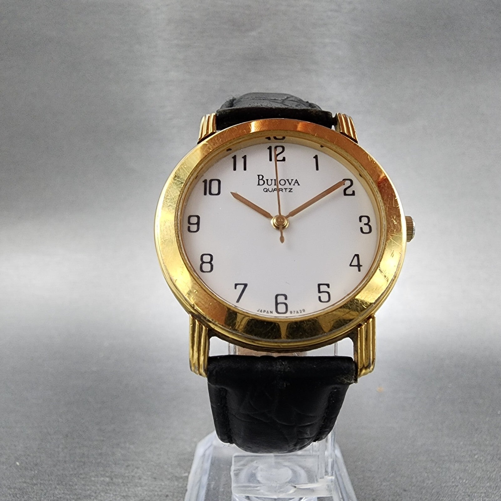 Bulova Watch Men 33mm White Dial Gold Tone Round 97A29 Leather Band New Battery5