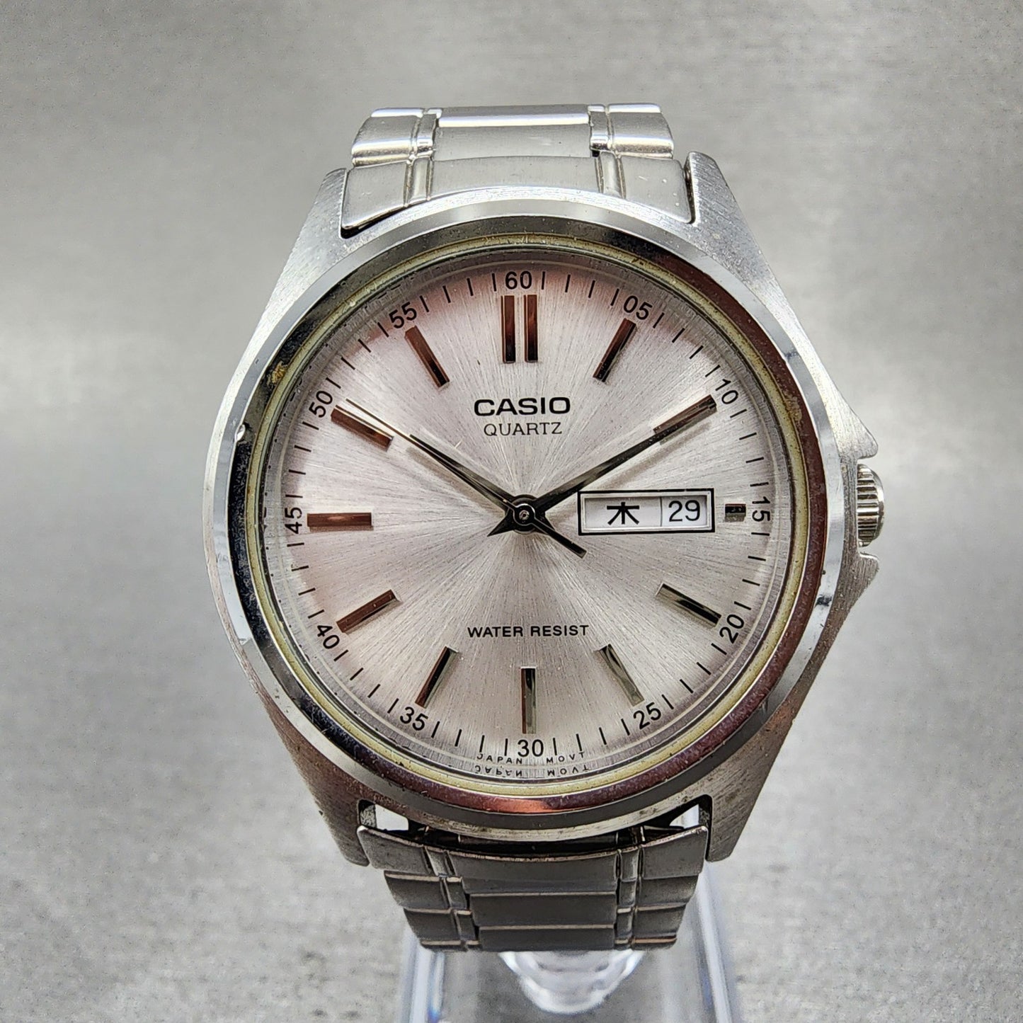 Casio MTP1239 Watch Men 37mm Silver Dial Steel Daydate Round New Battery0