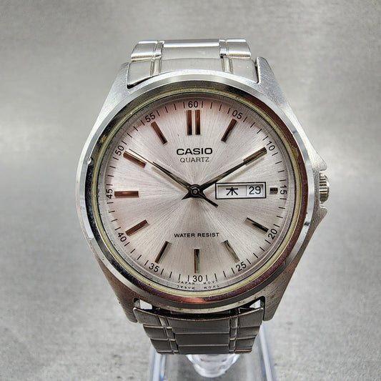 Casio MTP1239 Watch Men 37mm Silver Dial Steel Daydate Round New Battery0