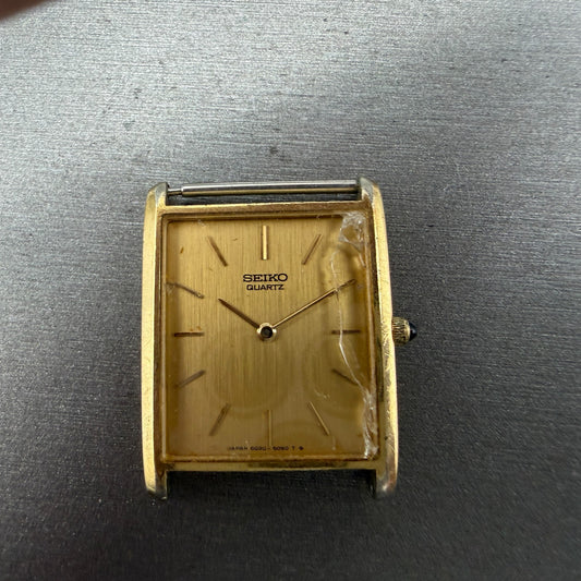 Seiko Watch Men 25mm Gold Dial Gold Tone CRACKED CRYSTAL 6020-5050 New Battery0