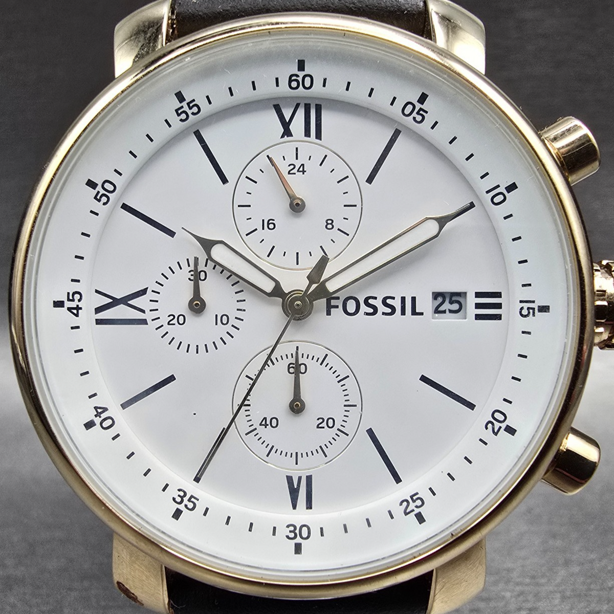 Fossil Rhett Watch Men 42mm White Dial Gold Tone Chrono Date BQ1009 New Battery1