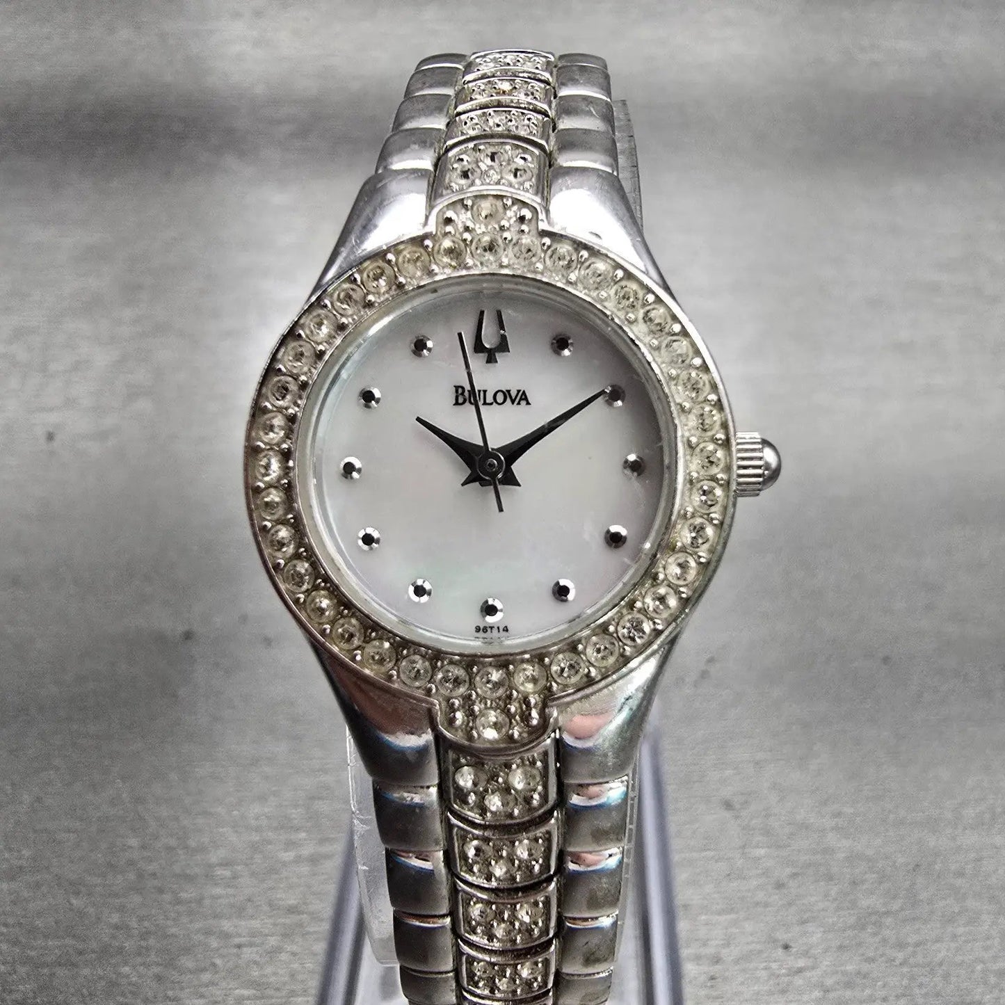 Bulova Watch Women 22mm MOP Dial Silver Tone Gemmed Round 96T14 New Battery0