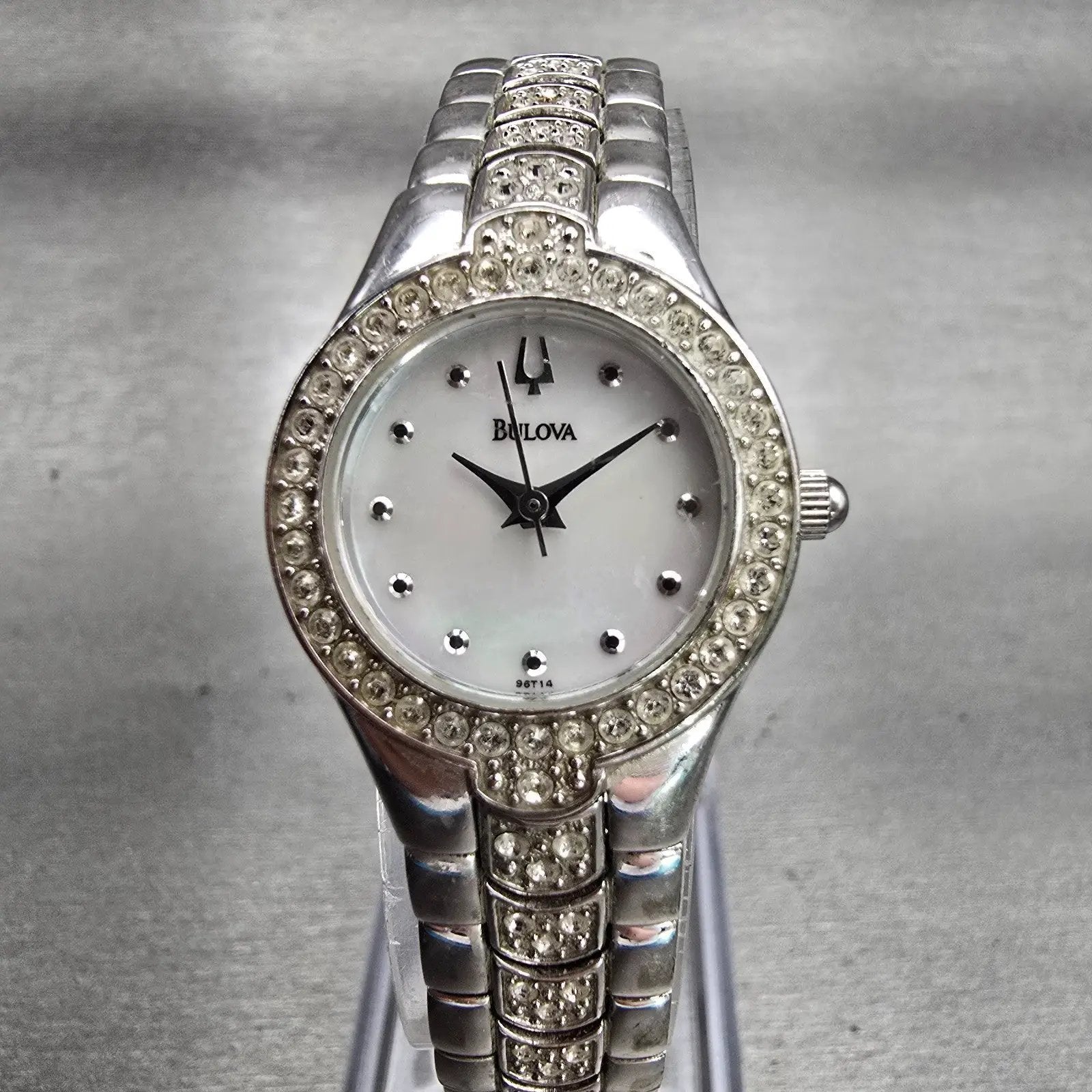 Bulova Watch Women 22mm MOP Dial Silver Tone Gemmed Round 96T14 New Battery0