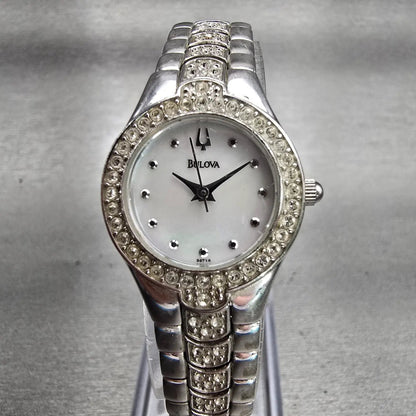 Bulova Watch Women 22mm MOP Dial Silver Tone Gemmed Round 96T14 New Battery0