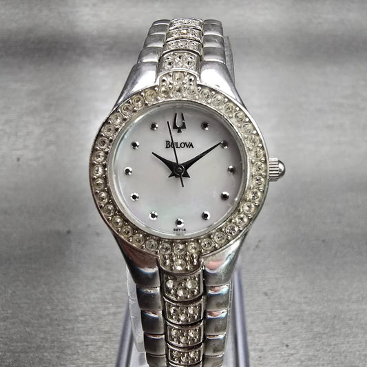 Bulova Watch Women 22mm MOP Dial Silver Tone Gemmed Round 96T14 New Battery0