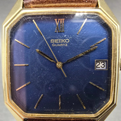 Seiko Watch Men 29mm Blue Dial Gold Tone Date Octagon 5932-5019 New Battery VTG1