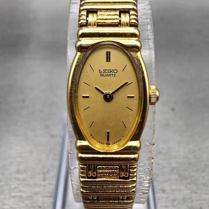 Seiko Watch Women 12mm Gold Dial Gold Tone Oval 1E20-5179 New Battery Vintage0