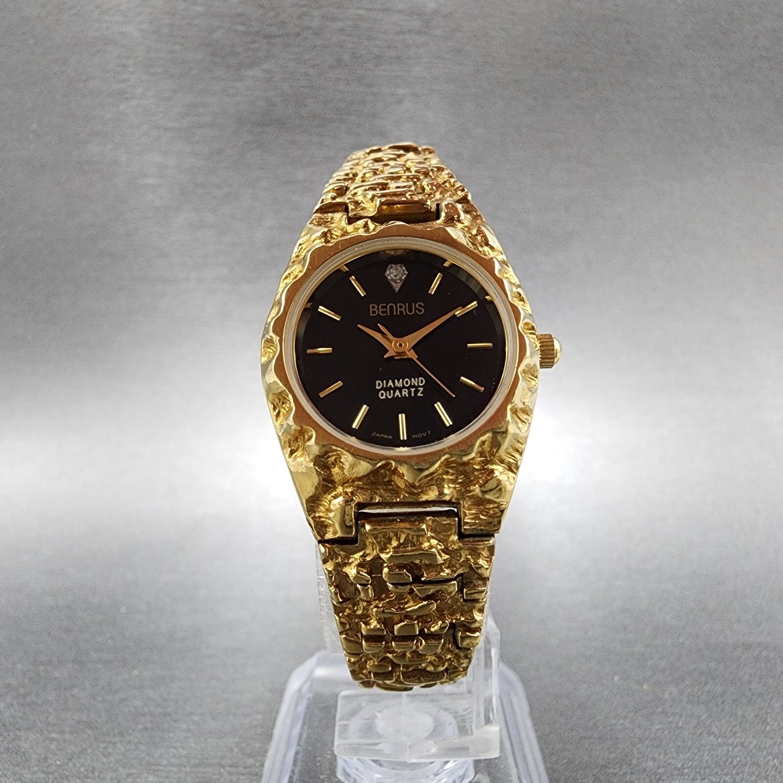 Benrus Gold Nugget Watch Women 23mm Black Dial Gold Tone Round New Battery5
