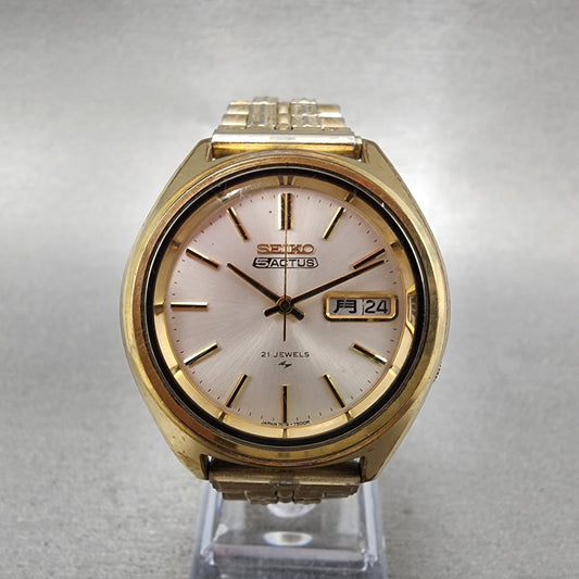 Seiko 5Actus Watch Men 37mm Silver Dial Gold Tone Daydate 7019-7060 Runs