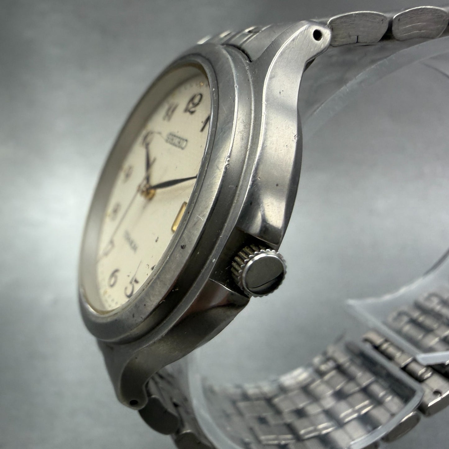 Seiko Watch Men 36mm Cream Dial Titanium Date Round Vintage 7N42-8A60 New Batt2