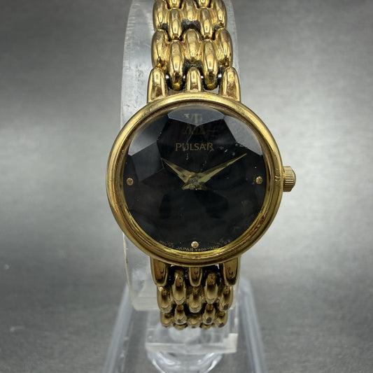 Seiko Pulsar Watch Women 20mm Black Dial Gold Tone Round V400-0880 New Battery0