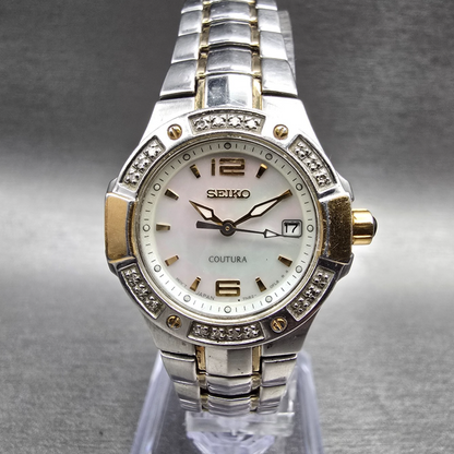 Seiko Coutura Watch Women 26mm MOP Dial Two Tone Date Diamond 7N82-0CG0 NewBat L0
