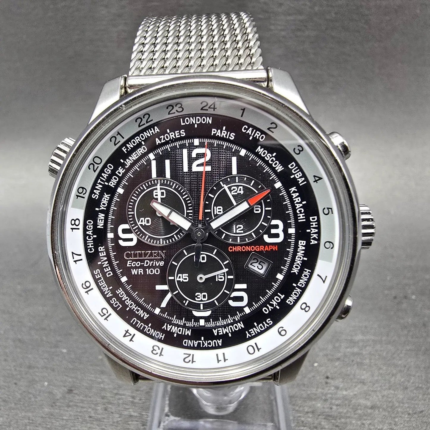 Citizen Eco-Drive World Timer Watch Men 43mm Black Dial Silver Tone Chrono Runs0