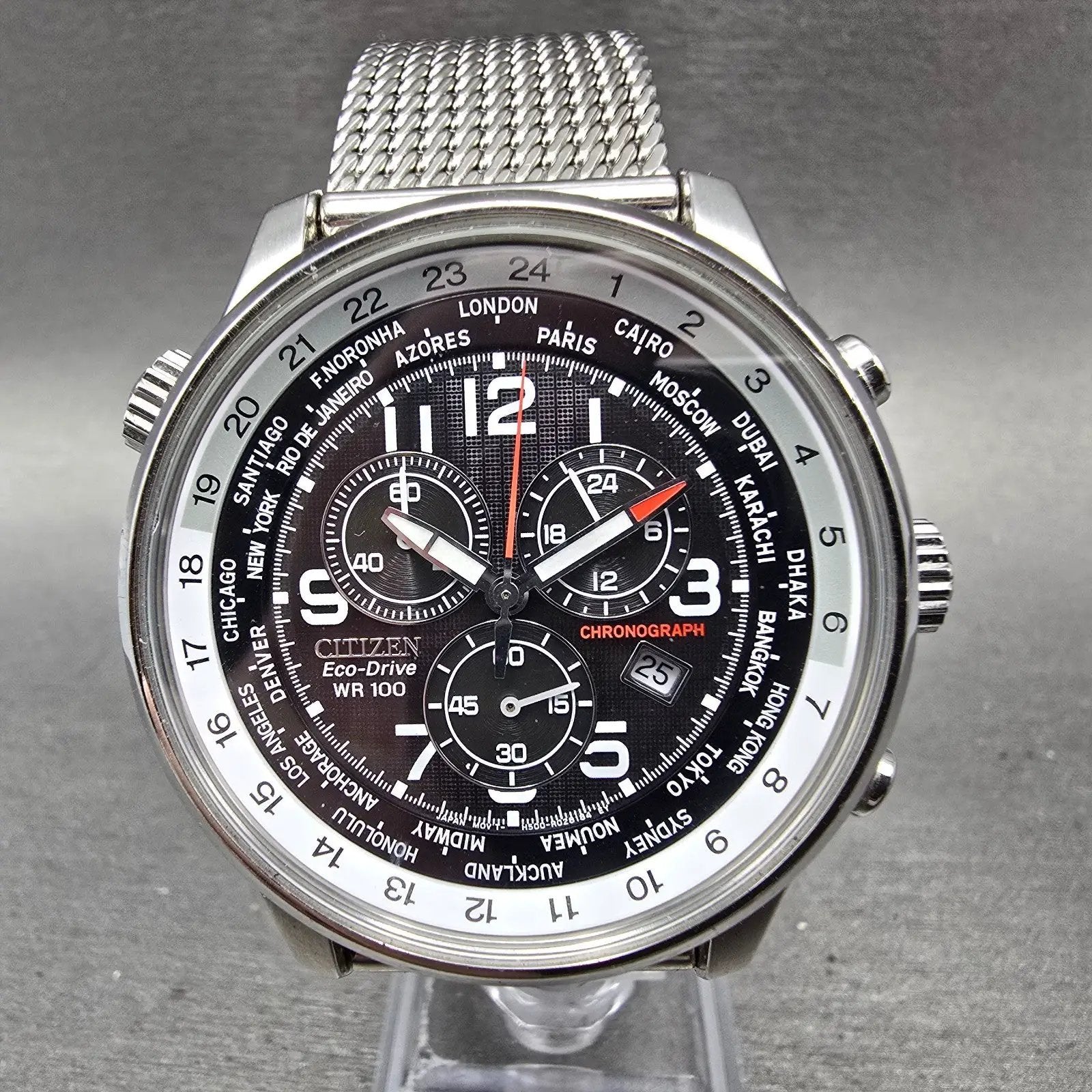 Citizen Eco-Drive World Timer Watch Men 43mm Black Dial Silver Tone Chrono Runs0
