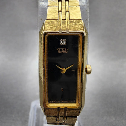 Citizen CQ Tank Watch Women 13mm Black Dial Gold Tone Rectangle New Battery VTG1
