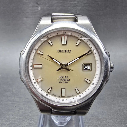 Seiko Solar Watch Men 37mm Brown Dial Titanium Date Round V145-0E00 PARTS0