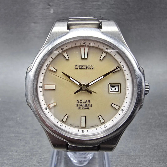 Seiko Solar Watch Men 37mm Brown Dial Titanium Date Round V145-0E00 PARTS0