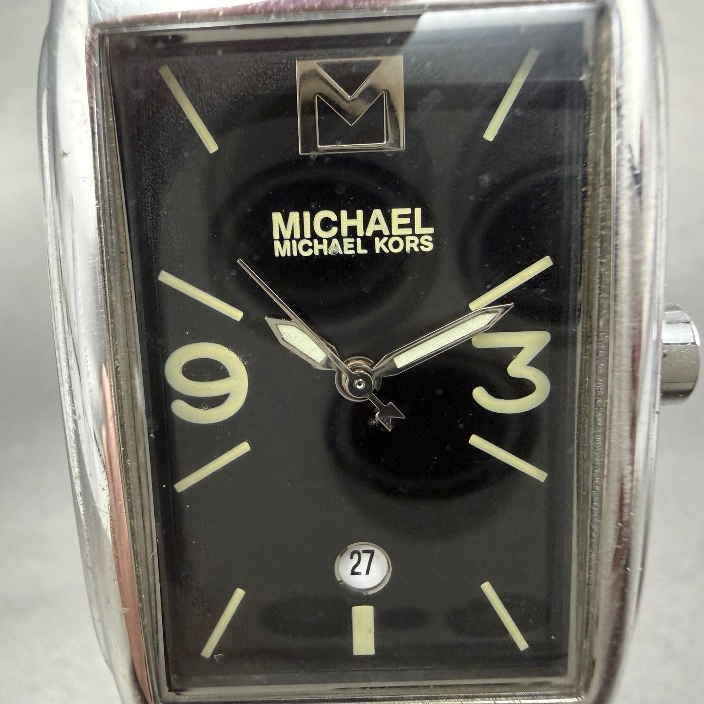 Michael Kors Watch Women 27mm Black Dial Silver Tone Rectangle MK-6011 New BattQ1