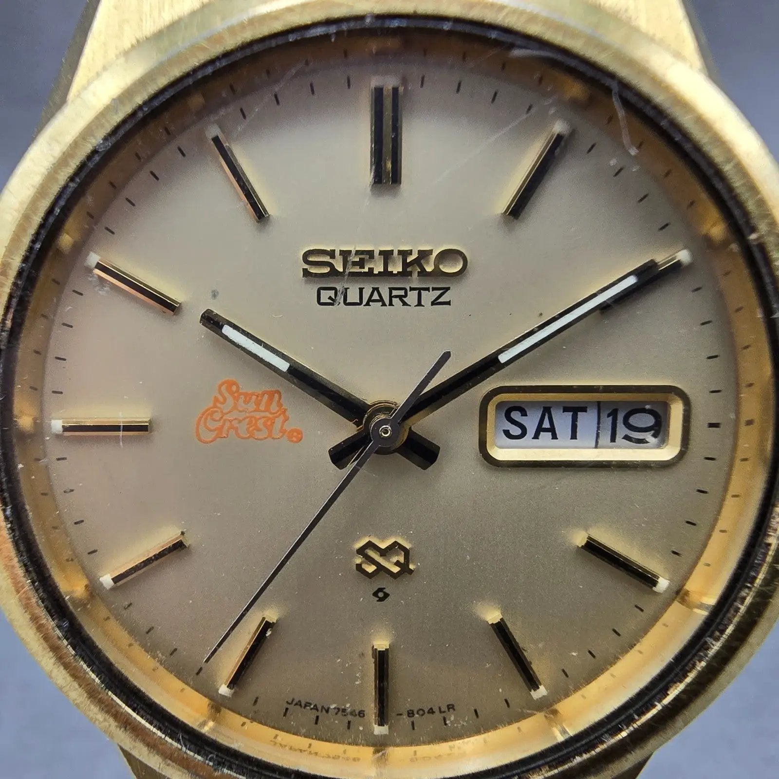 Seiko SQ Watch Men 36mm Champagne Dial Gold Tone Daydate 7546-8039 New Battery1