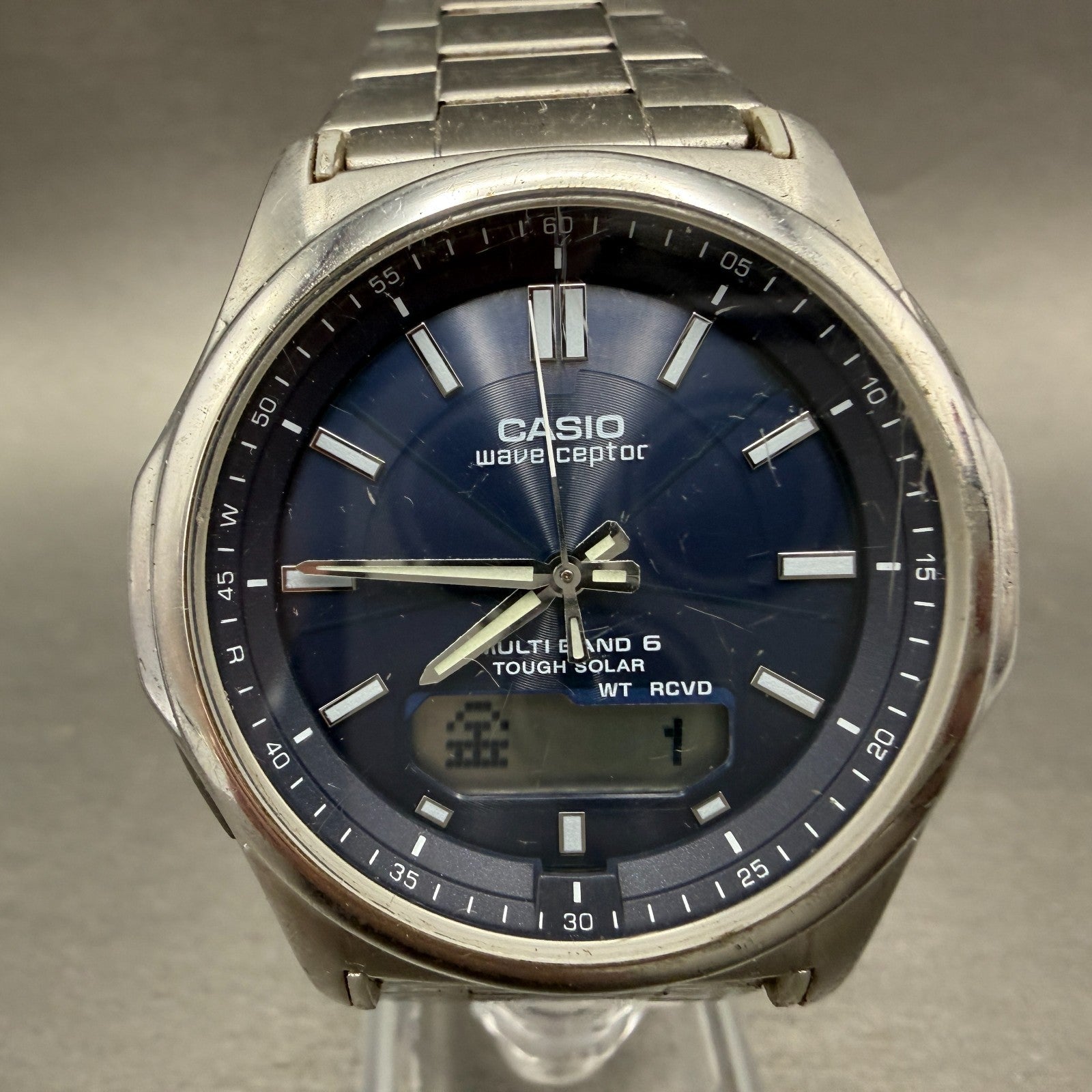 Casio Wave Ceptor Watch Men 42mm Blue Dial Steel Solar Analog Digital Works KLPT0