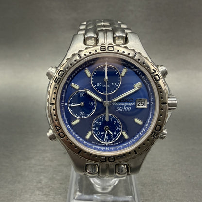 Seiko Chronograph Sports 100 Watch Men 37mm Blue Dial Silver Tone Date New Batt0