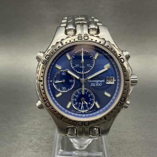 Seiko Chronograph Sports 100 Watch Men 37mm Blue Dial Silver Tone Date New Batt0