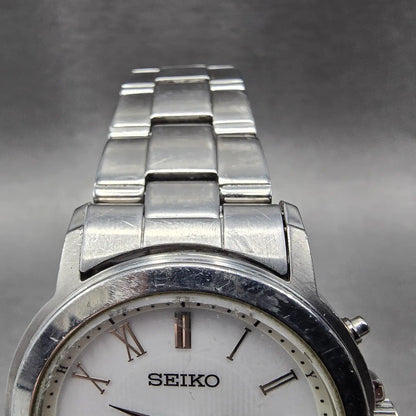 Seiko Solar Watch Men 38mm White Dial Silver Tone Date Atomic 7B52-0AG0 READ!!!!5